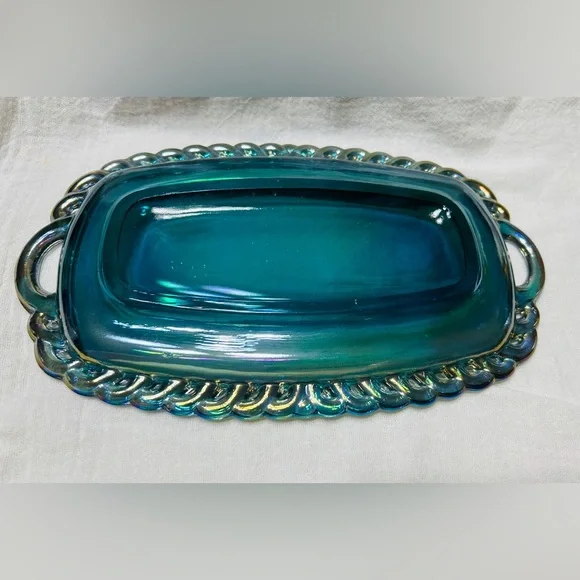 Vintage Indiana Glass blue carnival glass harvest grape cream & sugar on tray. - Picture 4 of 10